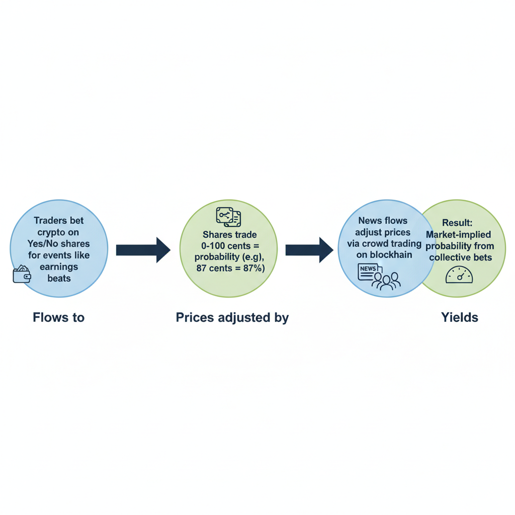 Flowchart diagram illustrating the step-by-step process of how Polymarket prediction markets determine odds.