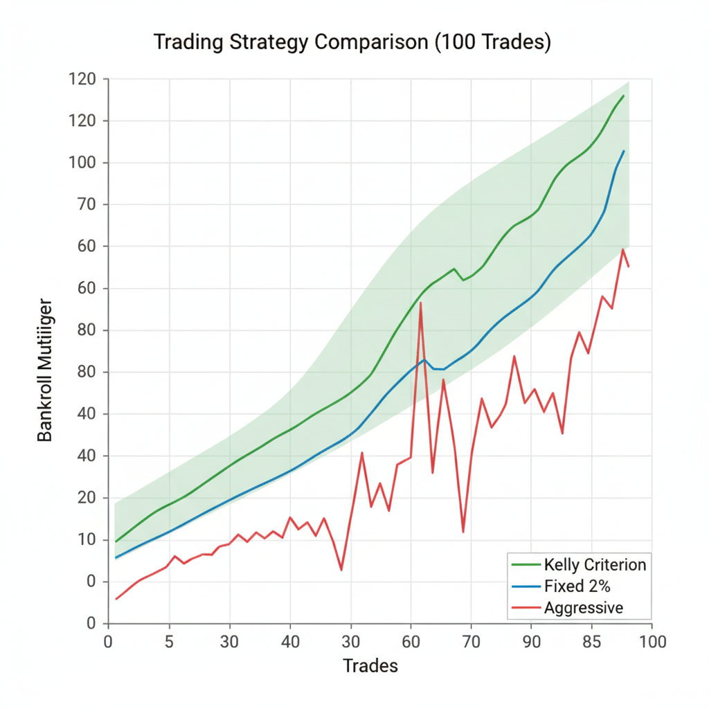 Graph of bankroll growth: Kelly surges ahead, fixed steady, aggressive crashes.