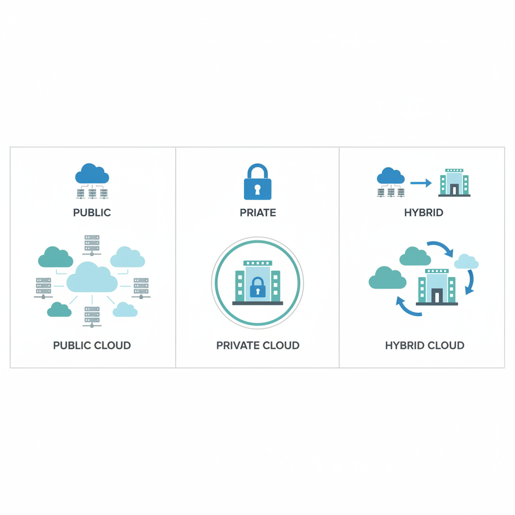 Diagram comparing public, private, and hybrid cloud models for banking use