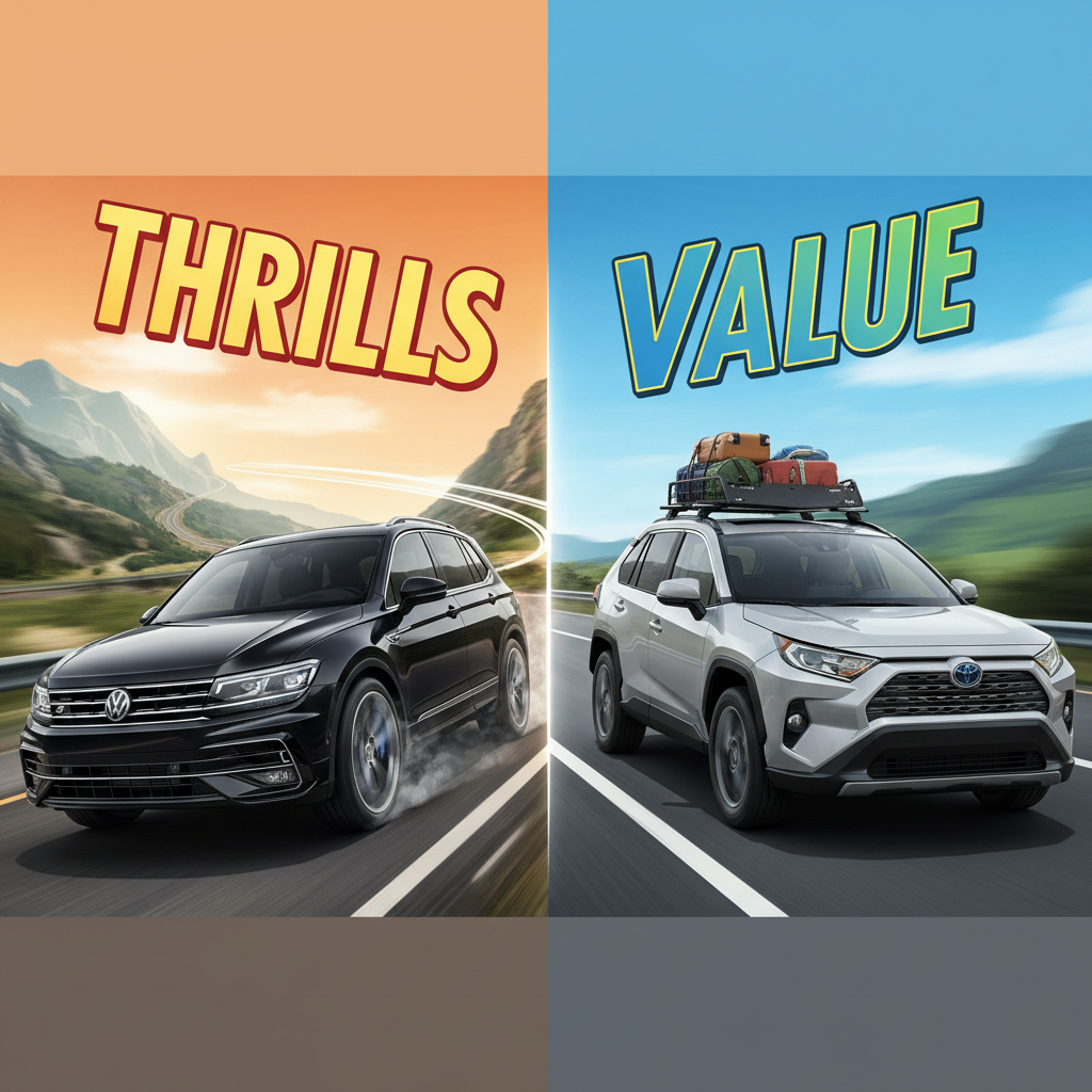 Split-image conceptual art contrasting the sporty VW Tiguan R-Line in action with the reliable Toyota RAV4 on a family drive.