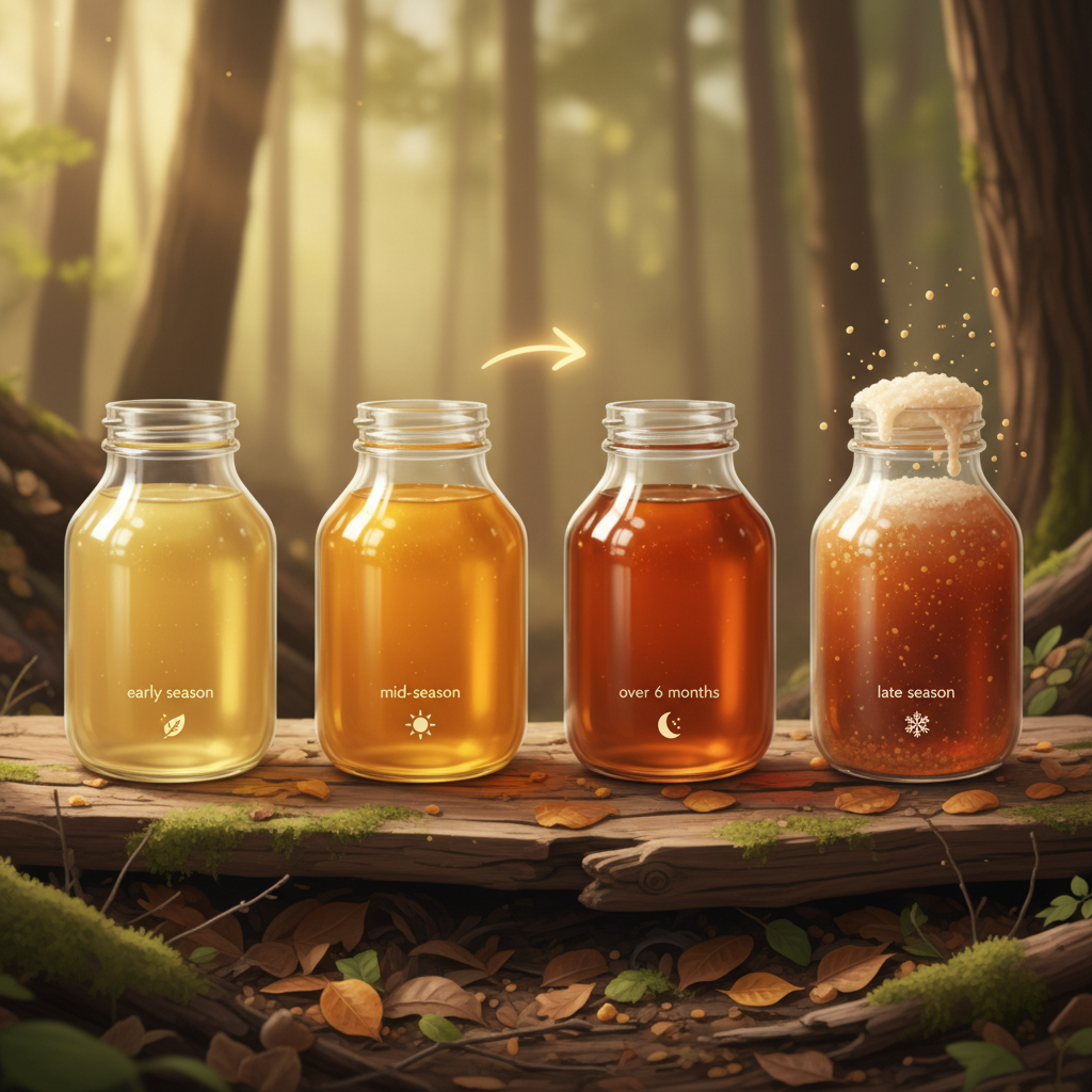 Hình minh họa các chai mật ong hoa rừng miền Bắc với màu sắc thay đổi theo mùa và thời gian.