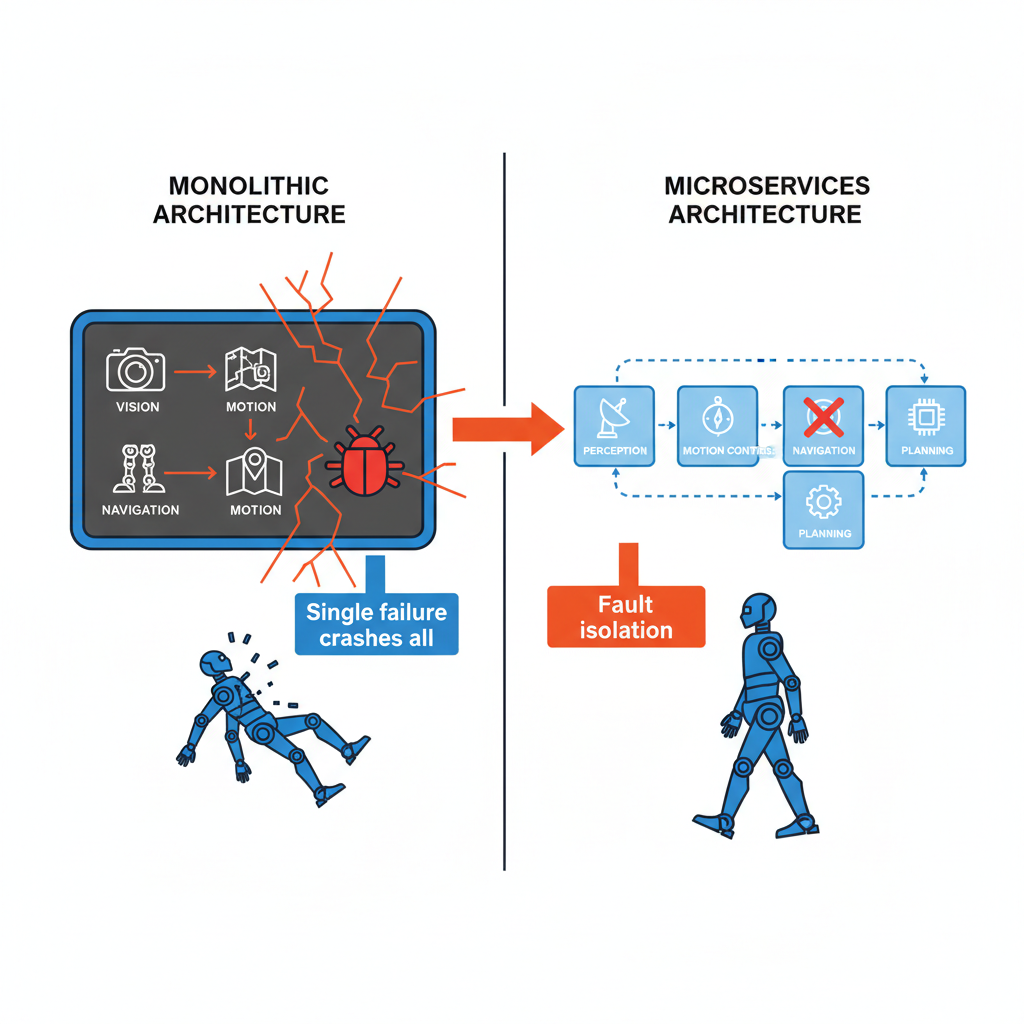 Diagram comparing monolithic and microservices architectures, highlighting failure risks in humanoid robotics.