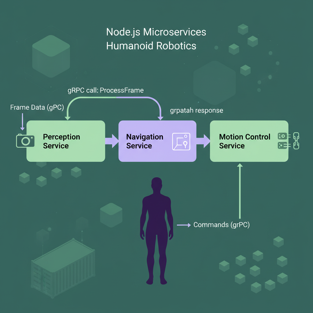 Diagram of perception, navigation, and motion services interacting via gRPC in a robotics microservices architecture.