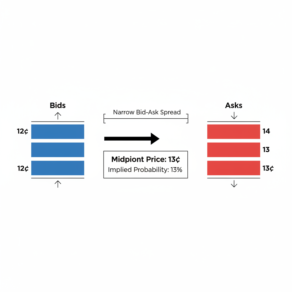 Diagram illustrating Polymarket order book with bids, asks, spread, and midpoint price determining the 13¢ odds.