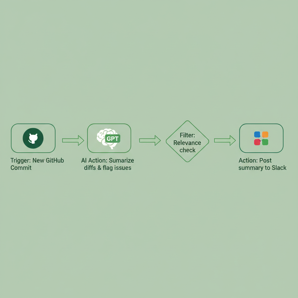 Flow diagram of a Zapier automation connecting GitHub commits to Slack via AI summarization