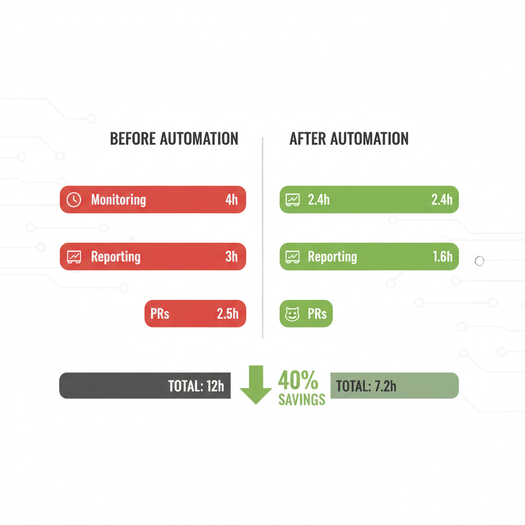 Bar chart comparing weekly time spent on developer tasks before (red) and after (green) using AI automation tools