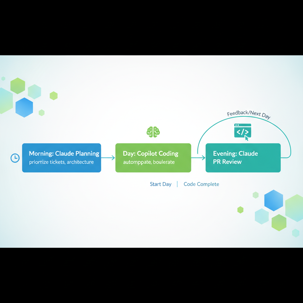 Flowchart diagram of a daily developer workflow integrating Claude and Copilot.