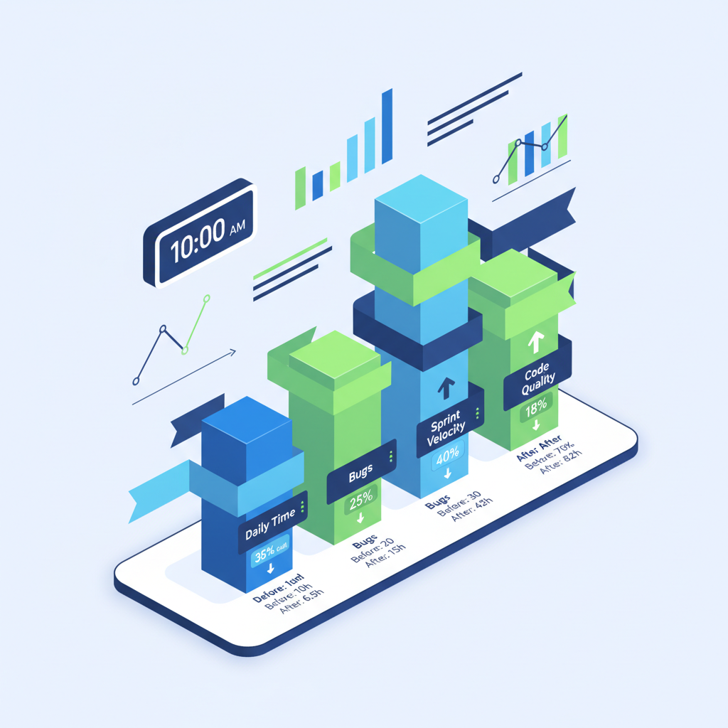 Illustrated bar chart showing key productivity metrics improved by AI tools.