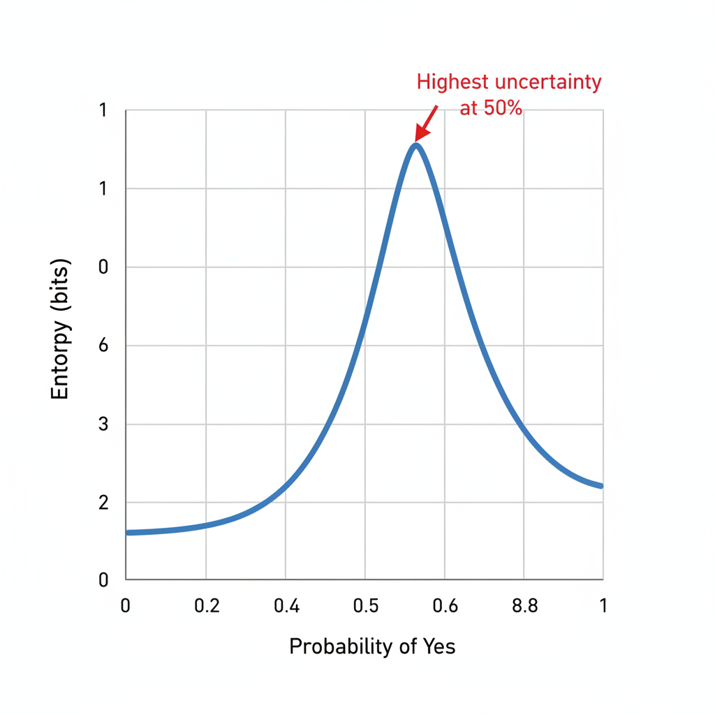 Line graph showing binary entropy function peaking at 50% probability, representing maximum uncertainty.