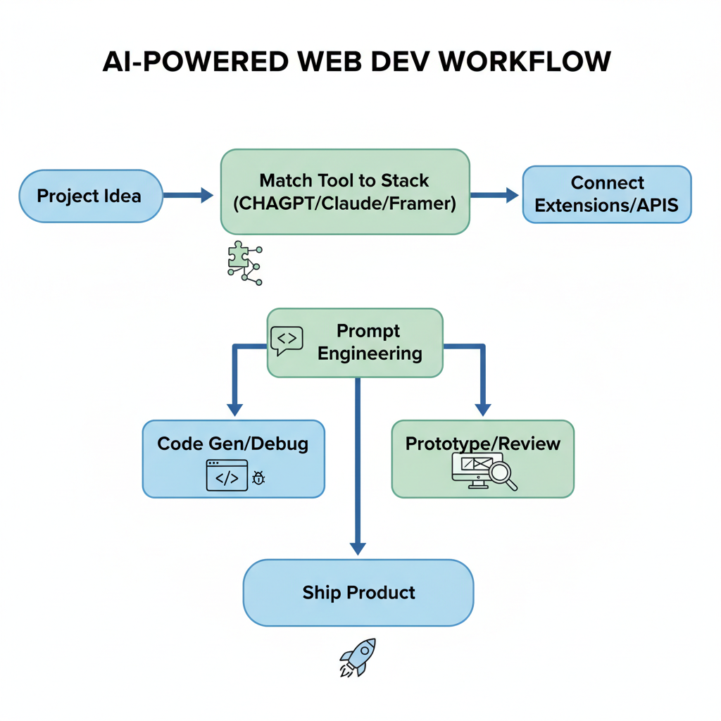 Flowchart diagram illustrating the steps to integrate AI tools into a web development workflow.