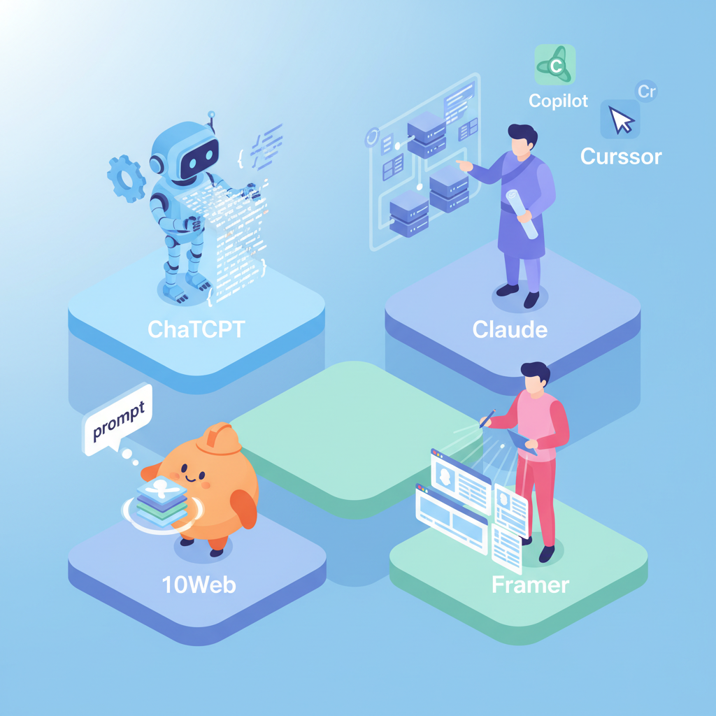 Isometric illustration of top AI web dev tools as characters on a workbench.