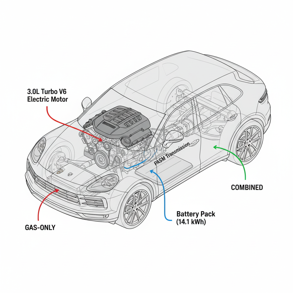 Detailed diagram of the Porsche Cayenne E-Hybrid powertrain, illustrating engine, electric motor, battery, and hybrid power flow.