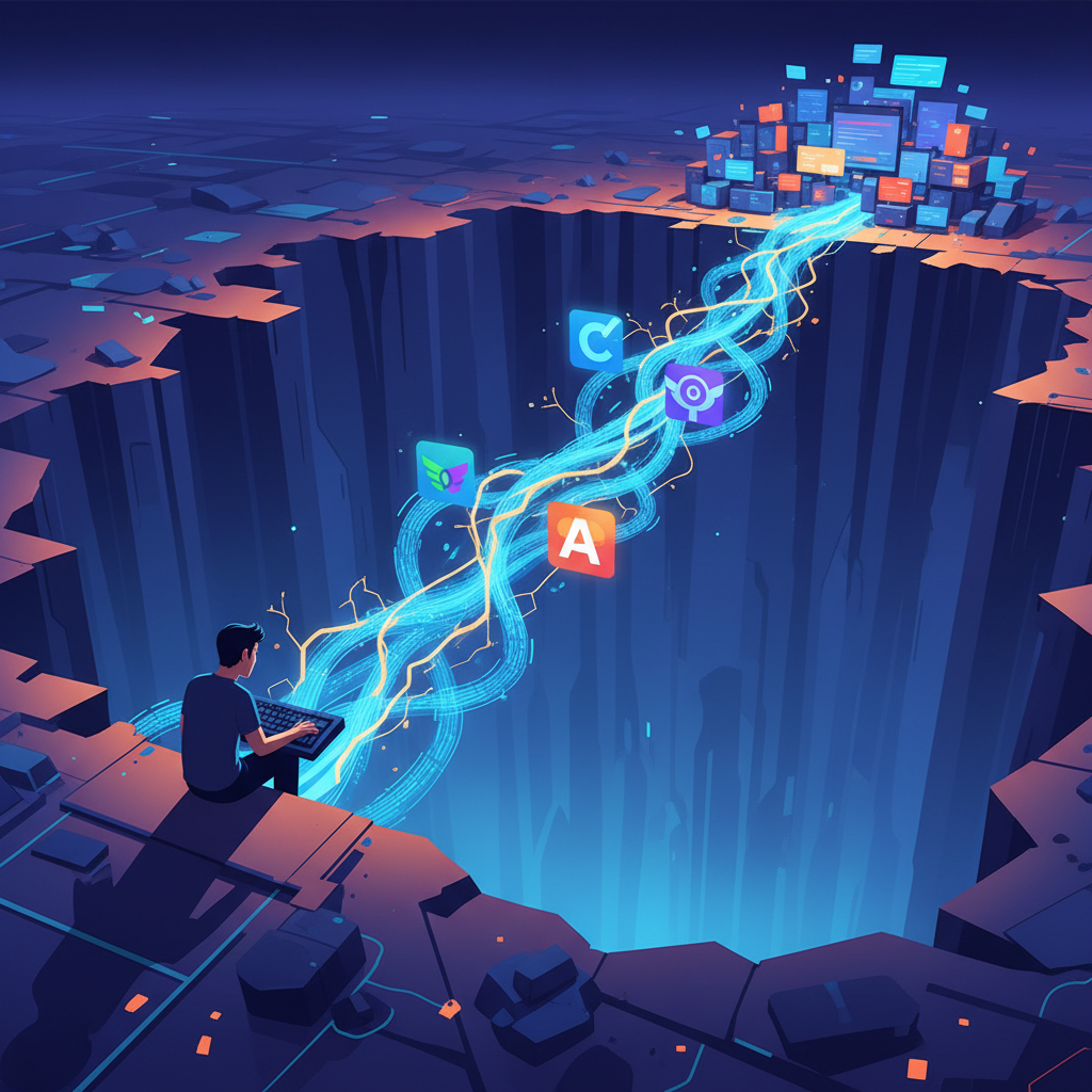 Illustration of a developer bridging a huge productivity chasm using AI tools.