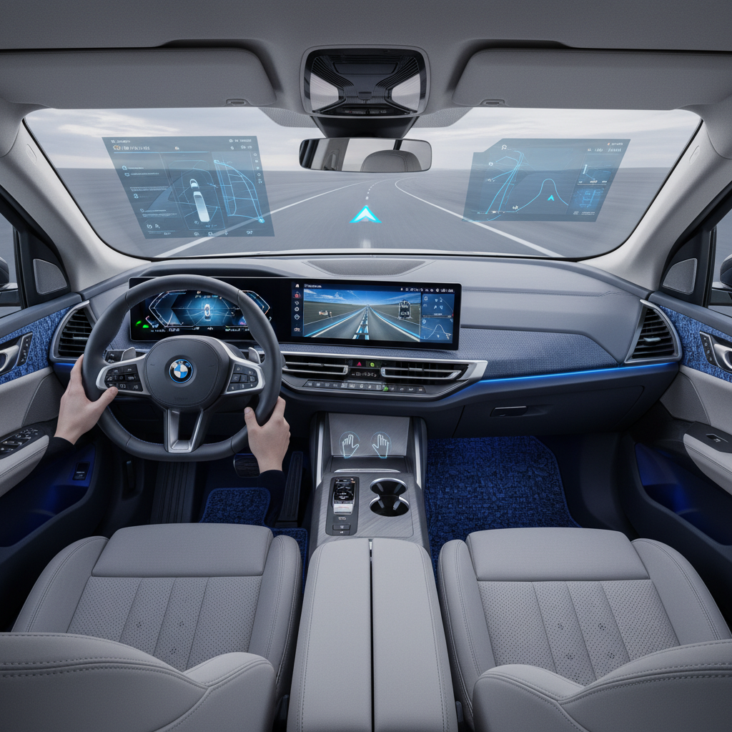 Illustration of the BMW iX3's advanced interior cockpit with Panoramic Vision display, AR HUD, and luxury features.