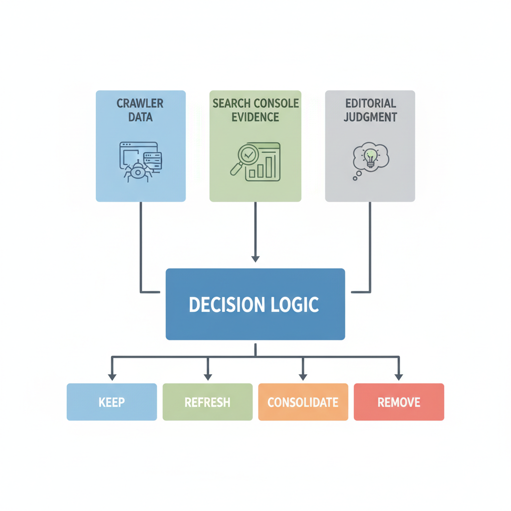 Crawl data, Search Console evidence, and editorial review feeding a content decision