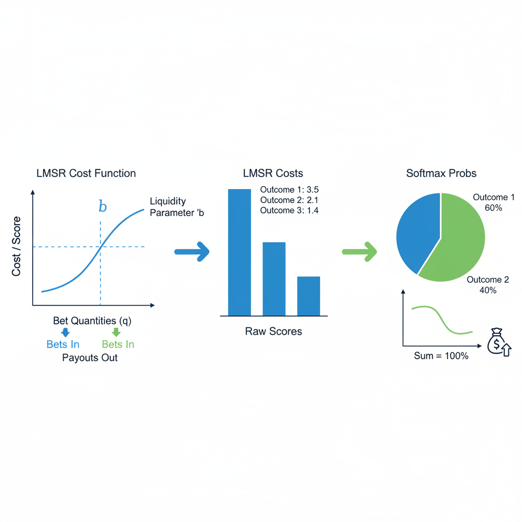 Diagram illustrating how LMSR generates cost functions from bets, which Softmax converts into probabilities summing to 100%.