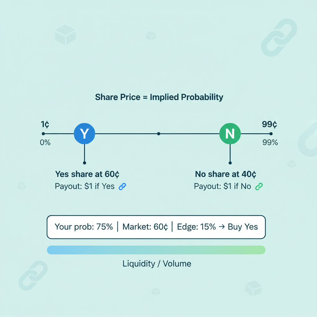 Diagram illustrating how Polymarket share prices represent probabilities and how to spot a trading edge.