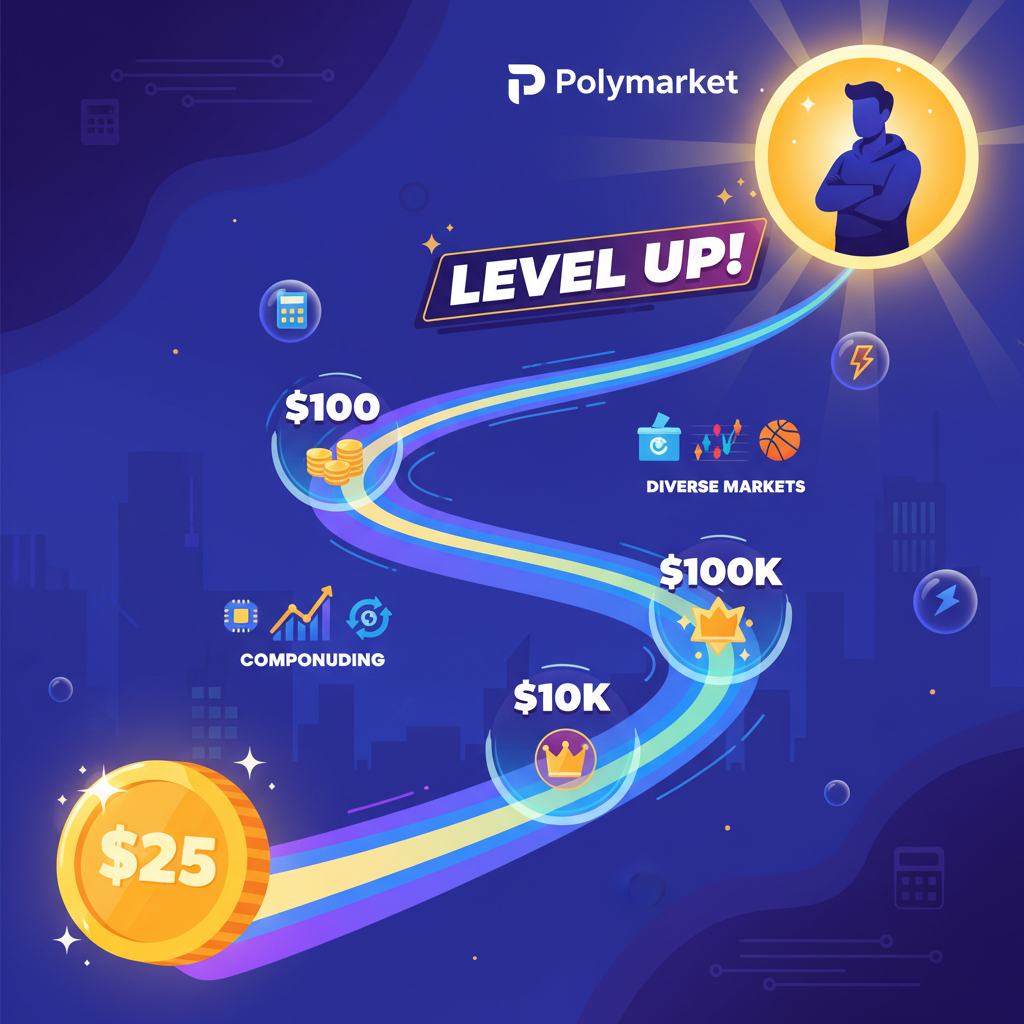 Conceptual image showing the compounding journey from $25 to $100K via consistent Polymarket trades.