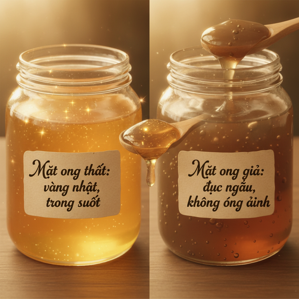 So sánh hình ảnh màu sắc và độ trong của mật ong hoa nhãn nguyên chất và mật ong giả