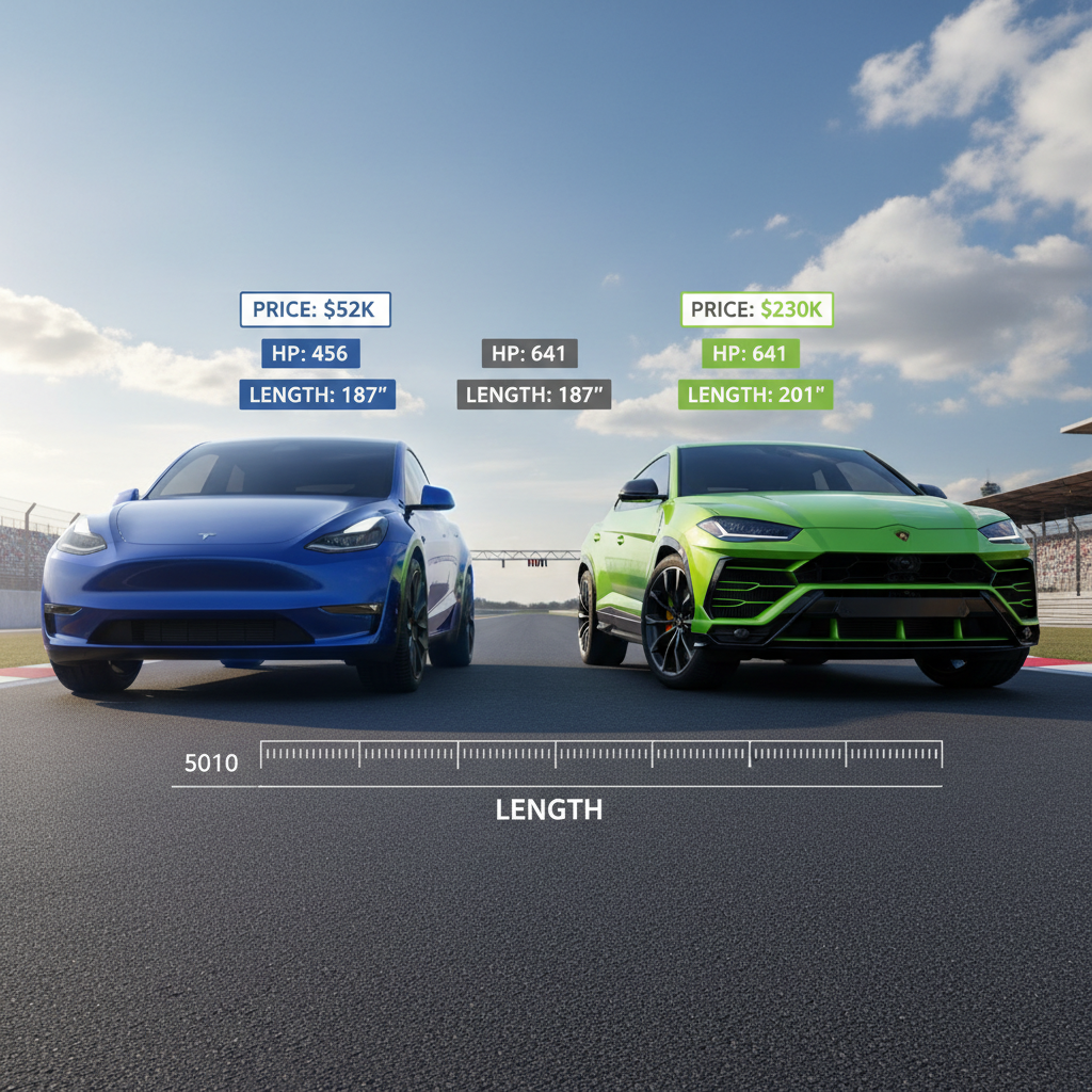 Side-by-side illustration of Tesla Model Y and Lamborghini Urus with labeled key specs highlighting size and performance differences.
