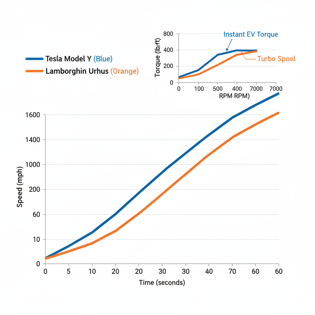 Diagram illustrating acceleration metrics and torque delivery curves for Model Y vs Urus.