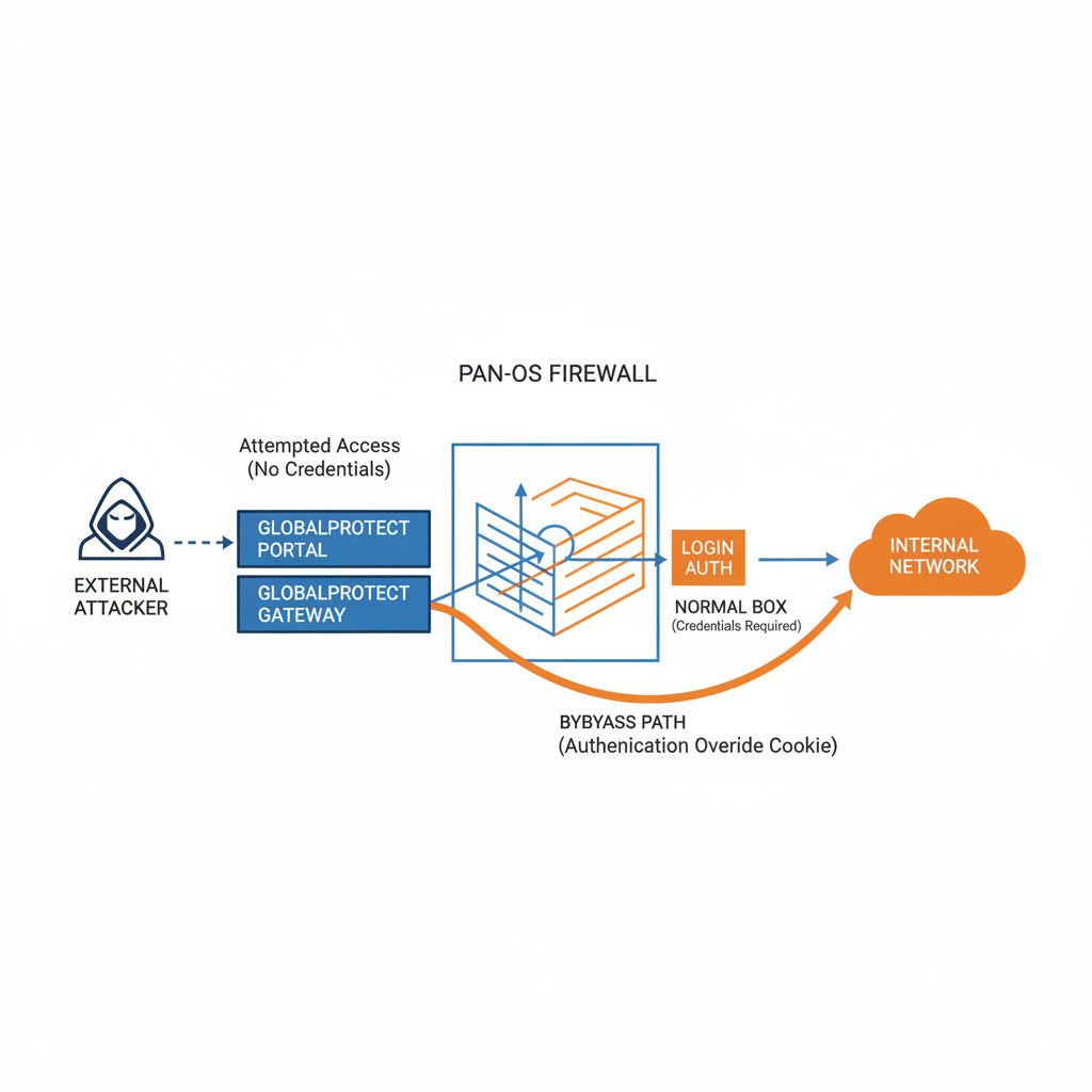Illustration of the CVE-2026-0257 authentication bypass in PAN-OS GlobalProtect, showing how an attacker uses an override cookie to reach the internal network without credentials.
