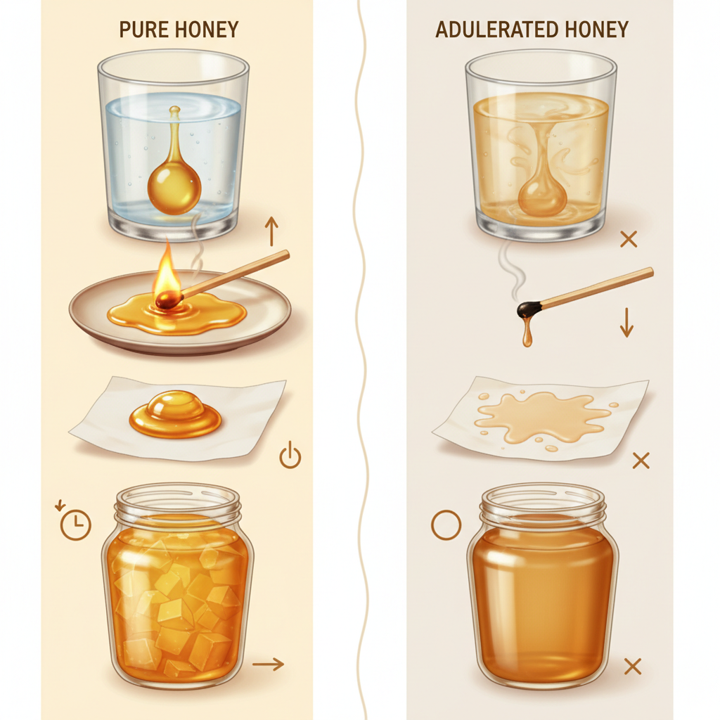 Hình minh họa so sánh các thử nghiệm phân biệt mật ong nguyên chất (thành công bên trái) và mật pha (thất bại bên phải).