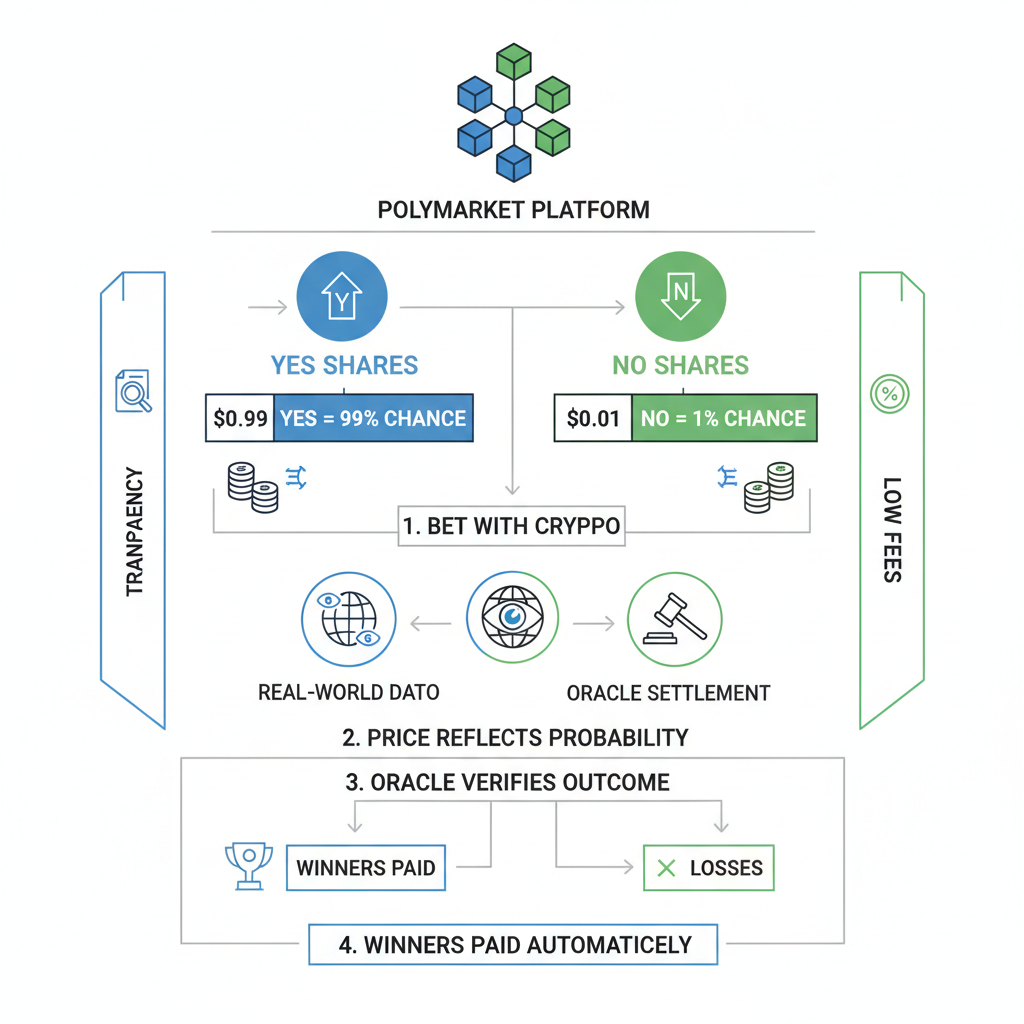 Diagram showing the step-by-step process of trading on Polymarket prediction markets, from buying shares to automatic settlement.
