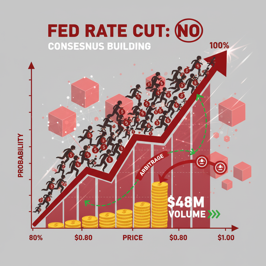Conceptual image of traders building 100% consensus against a Fed rate cut on Polymarket, with rising No share prices and high trading volume.