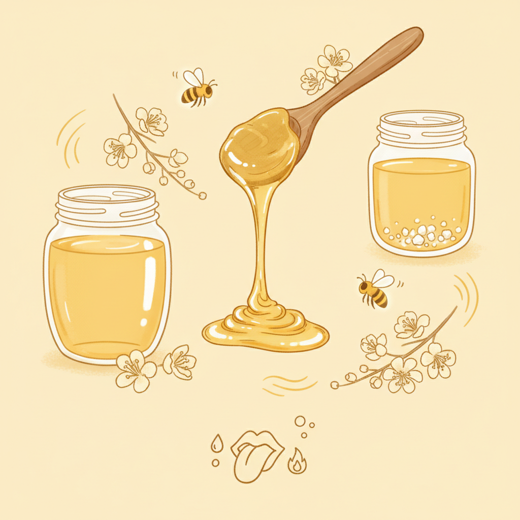 Hình minh họa các đặc điểm nhận biết mật ong hoa nhãn nguyên chất: màu sắc, độ chảy, kết tinh, hương thơm và vị.