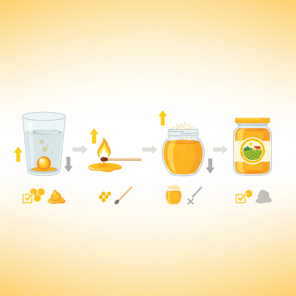 Sơ đồ minh họa bốn cách kiểm tra mật ong thật giả tại nhà.