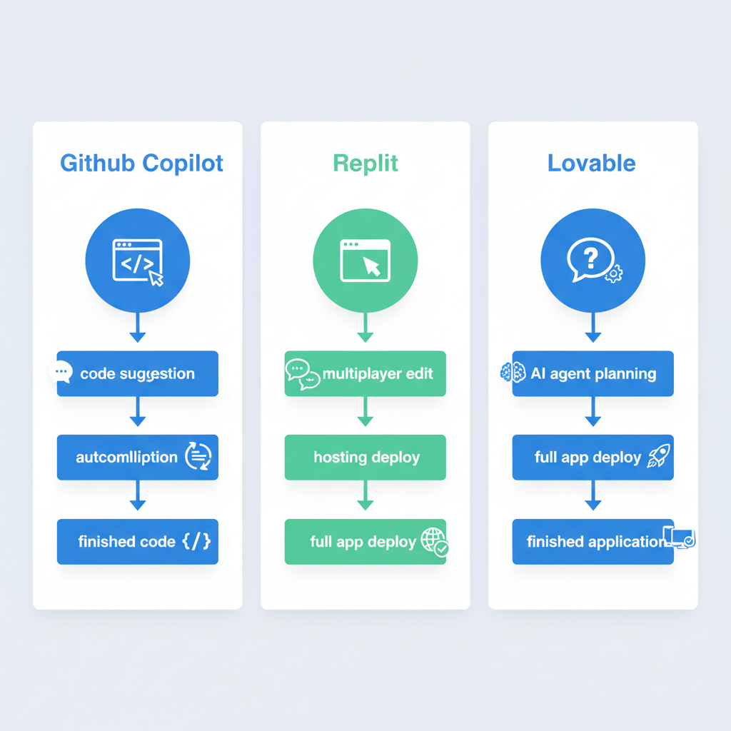 Diagram comparing the core workflows of GitHub Copilot, Replit, and Lovable.