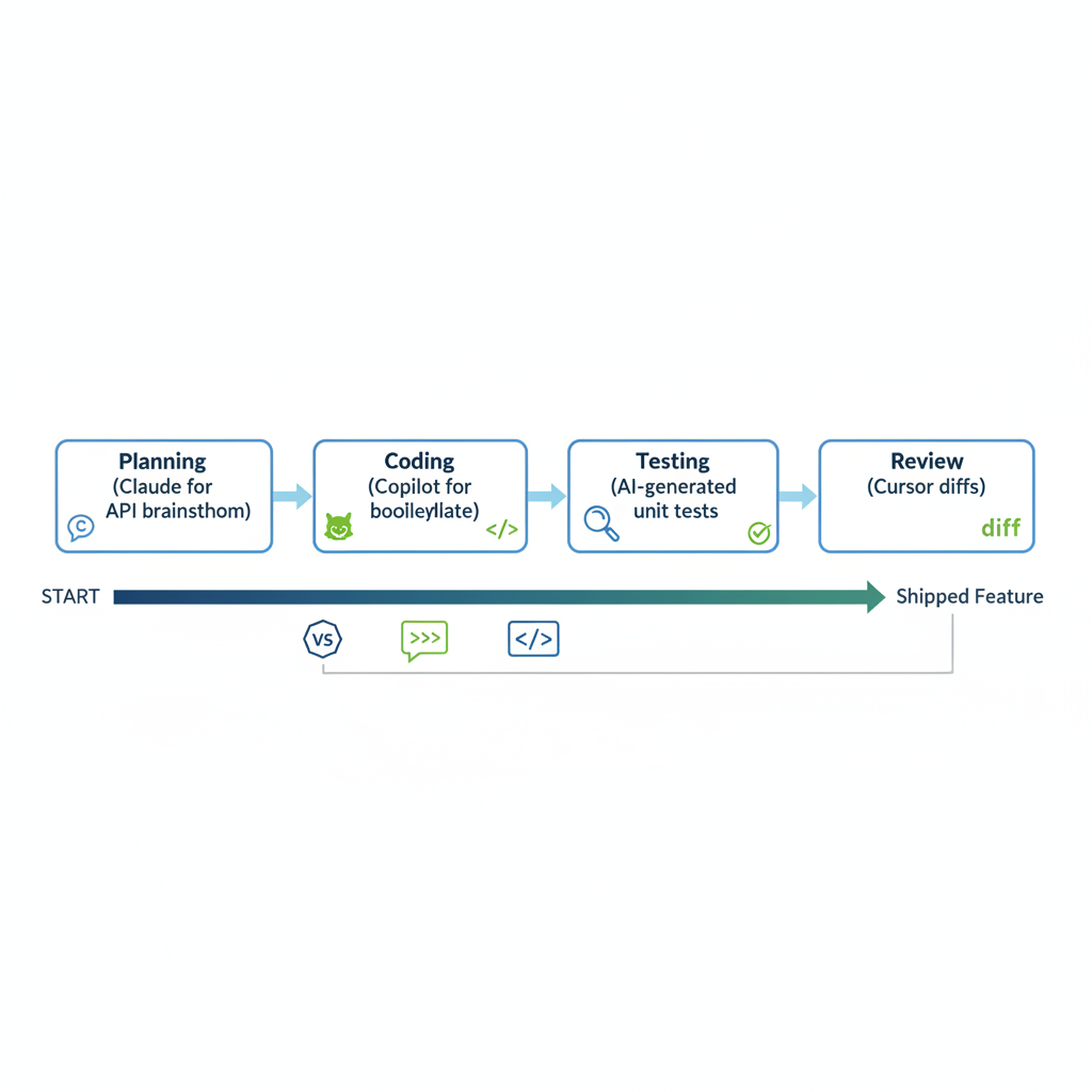 Flowchart diagram illustrating the four-phase AI-integrated development workflow: Planning, Coding, Testing, and Review.