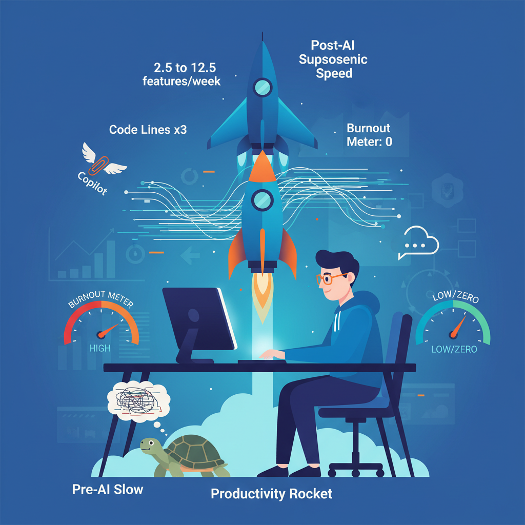 Conceptual image of a productivity rocket boosting from pre-AI baseline to 5x gains, with key metrics visualized.
