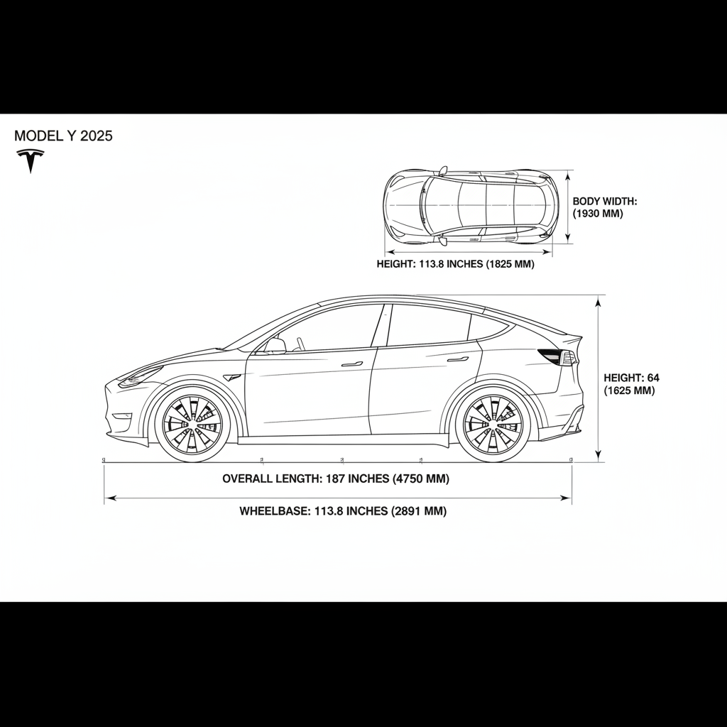 Blueprint diagram of 2025 Tesla Model Y key exterior dimensions: length 187 inches, width 76 inches, wheelbase 113.8 inches.
