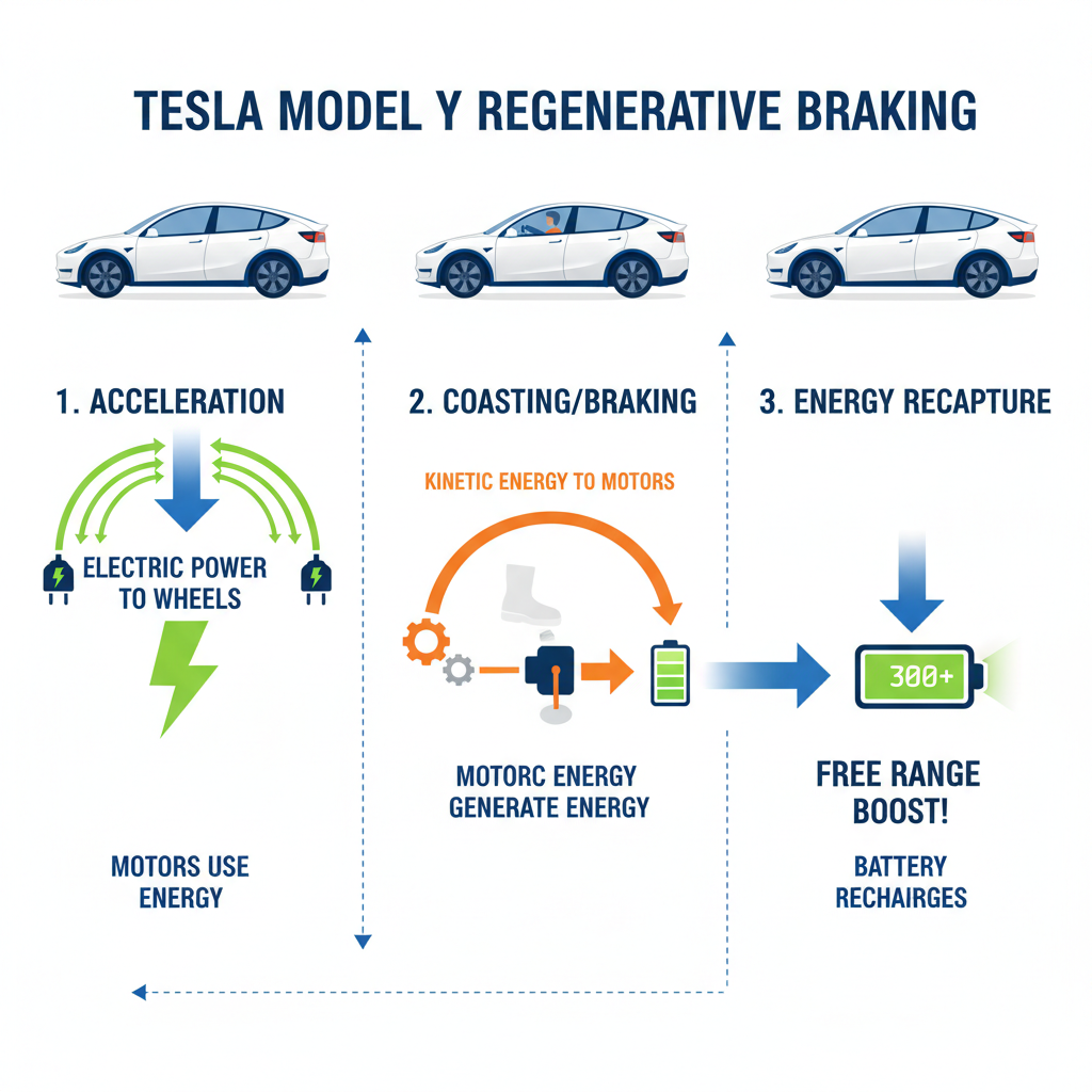 Step-by-step diagram of how Tesla Model Y regenerative braking recaptures energy to extend driving range.