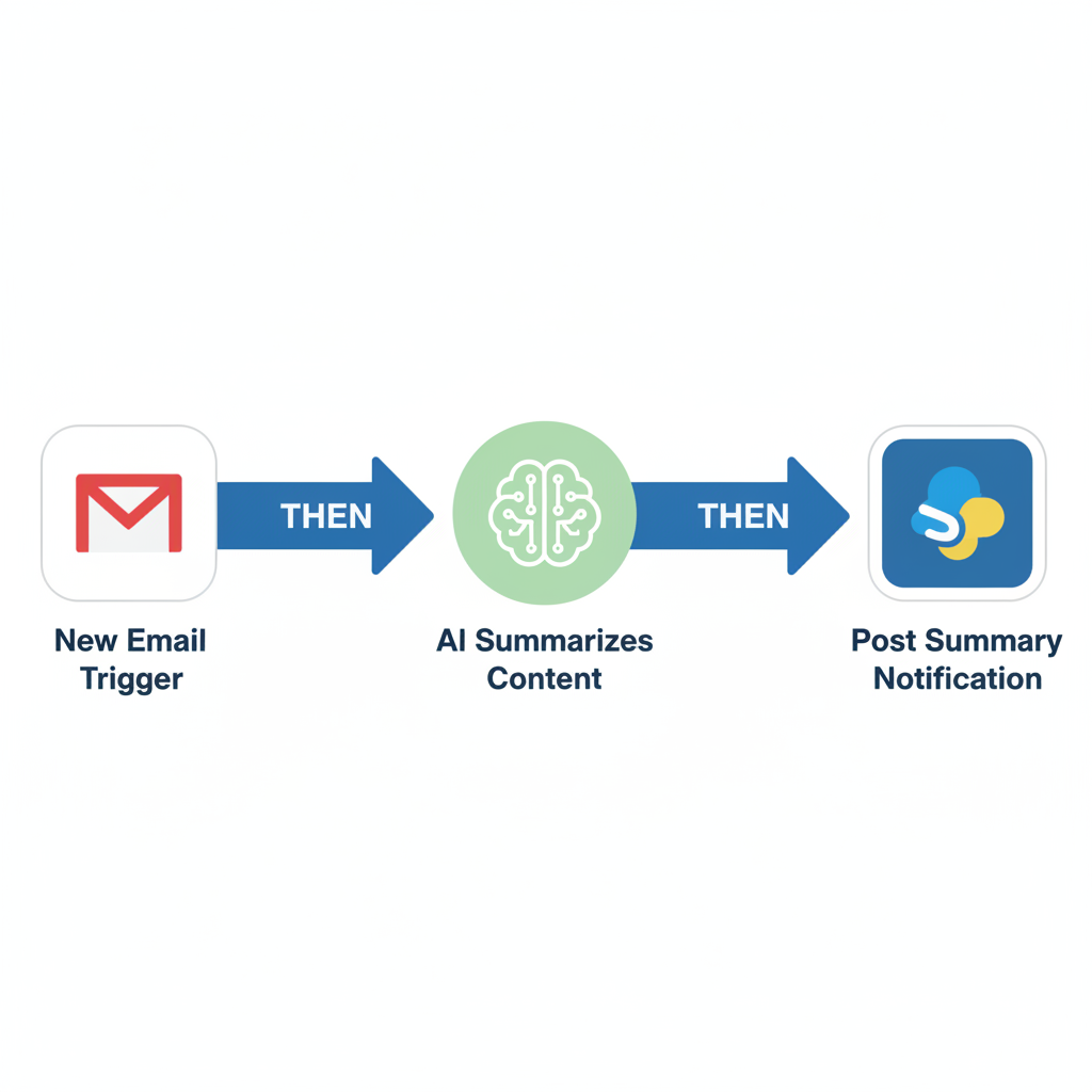 Flowchart diagram of a basic AI automation workflow: Gmail email trigger processed by AI summary then sent to Slack.