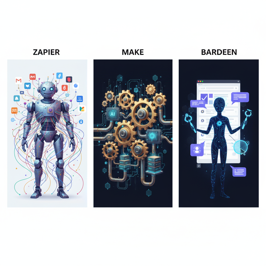 Illustrative comparison of Zapier (broad connections), Make (complex machinery), and Bardeen (browser AI agent).