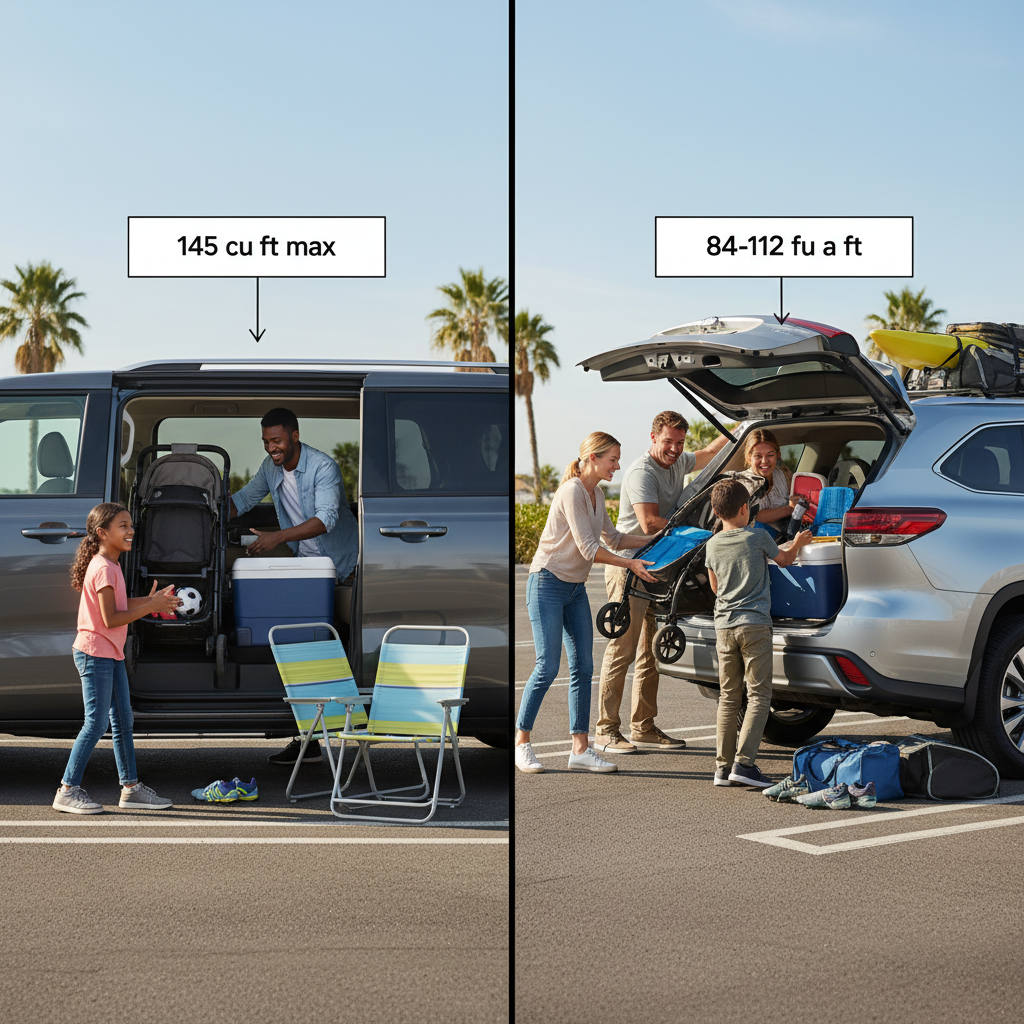 Side-by-side illustration of family loading cargo into Kia Carnival (easy and spacious) versus a typical SUV (cramped and difficult).