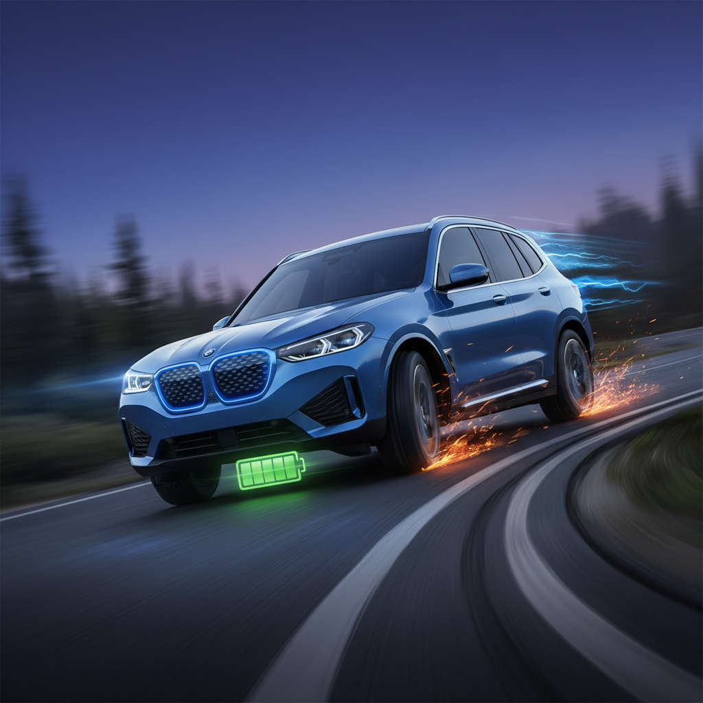 Illustration of BMW iX3 cornering with low center of gravity highlighted by battery icon.