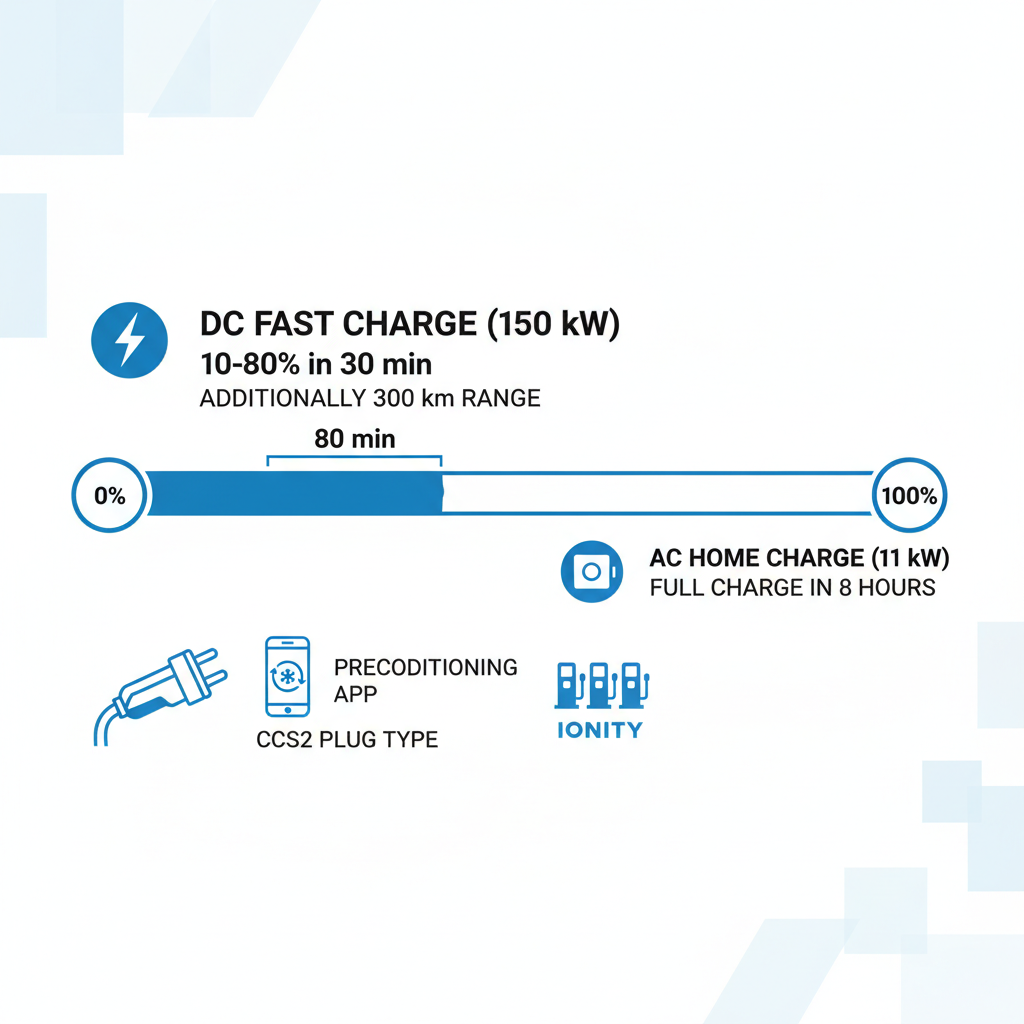 Diagram of BMW iX3 charging times for DC fast and AC home charging.