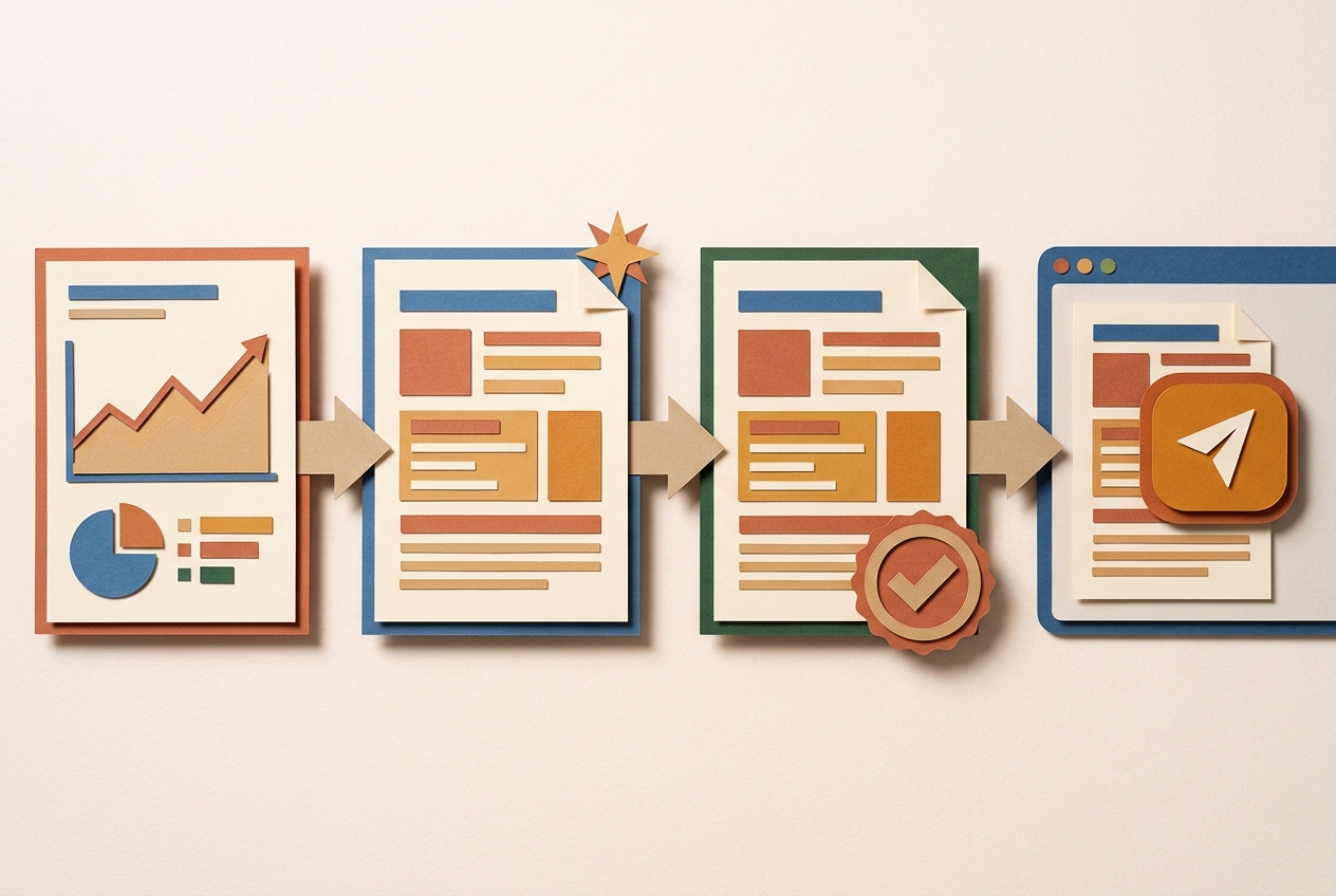 Product page moving through Search Console data, AI draft, review, and CMS publish stages.