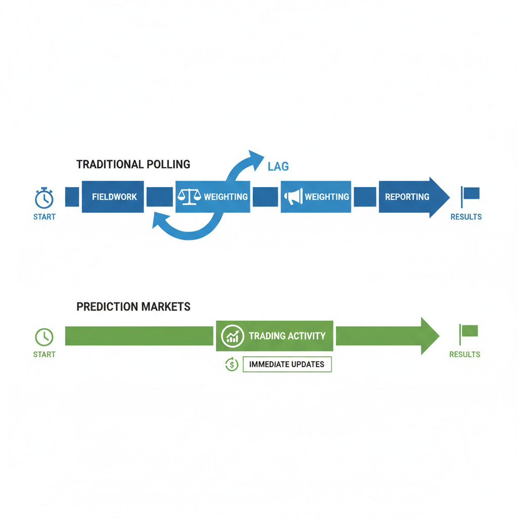 Diagram contrasting the lag in traditional polling versus real-time updates in prediction markets