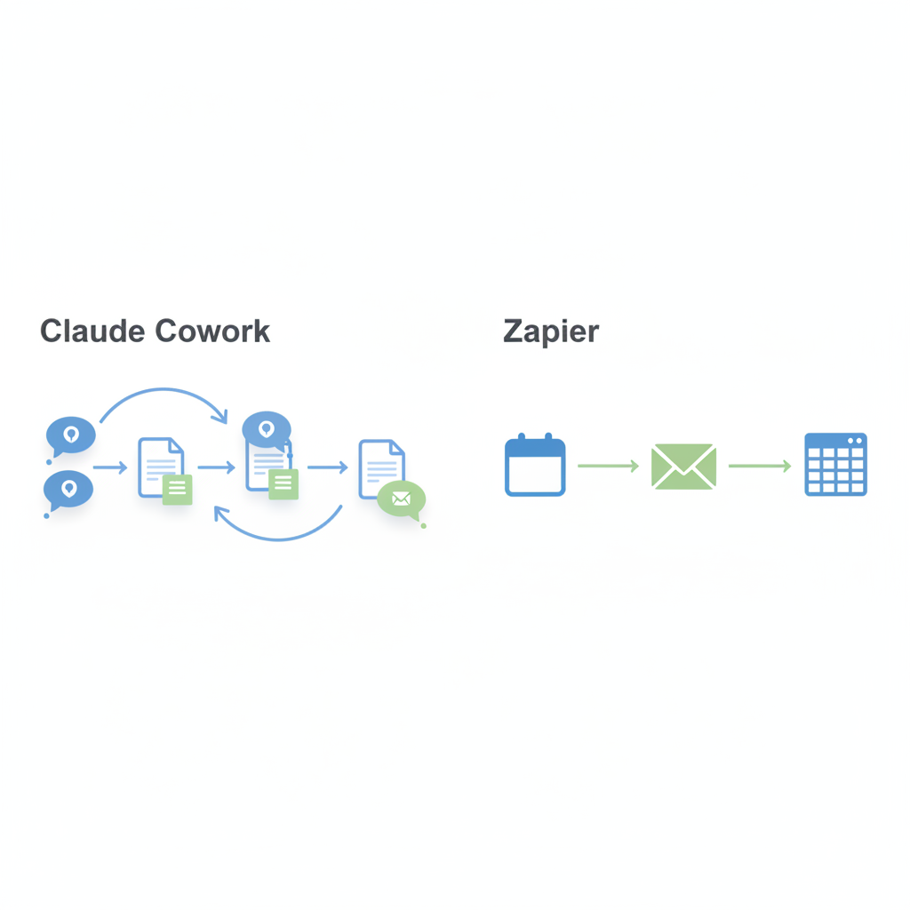 Side-by-side diagram contrasting Claude Cowork’s reasoning workflow with Zapier’s rule-based app connections