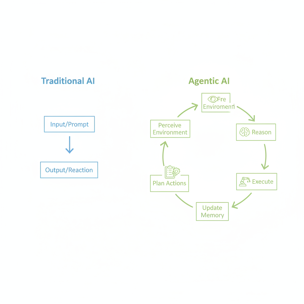 Flowchart diagram contrasting the linear process of traditional AI with the autonomous loop of agentic AI.