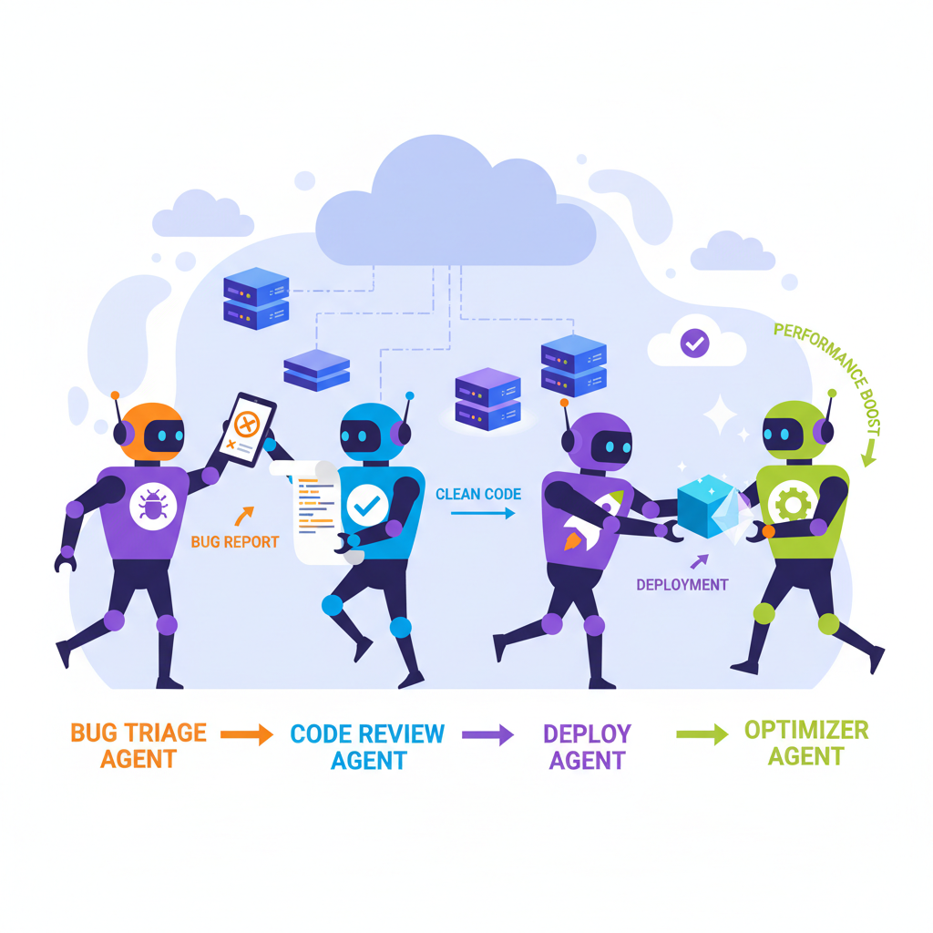 Illustration of multi-agent collaboration where specialized AI agents hand off tasks like a relay team.