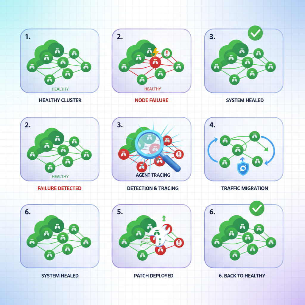 Diagram of agentic AI self-healing process in a cloud environment from detection to recovery.