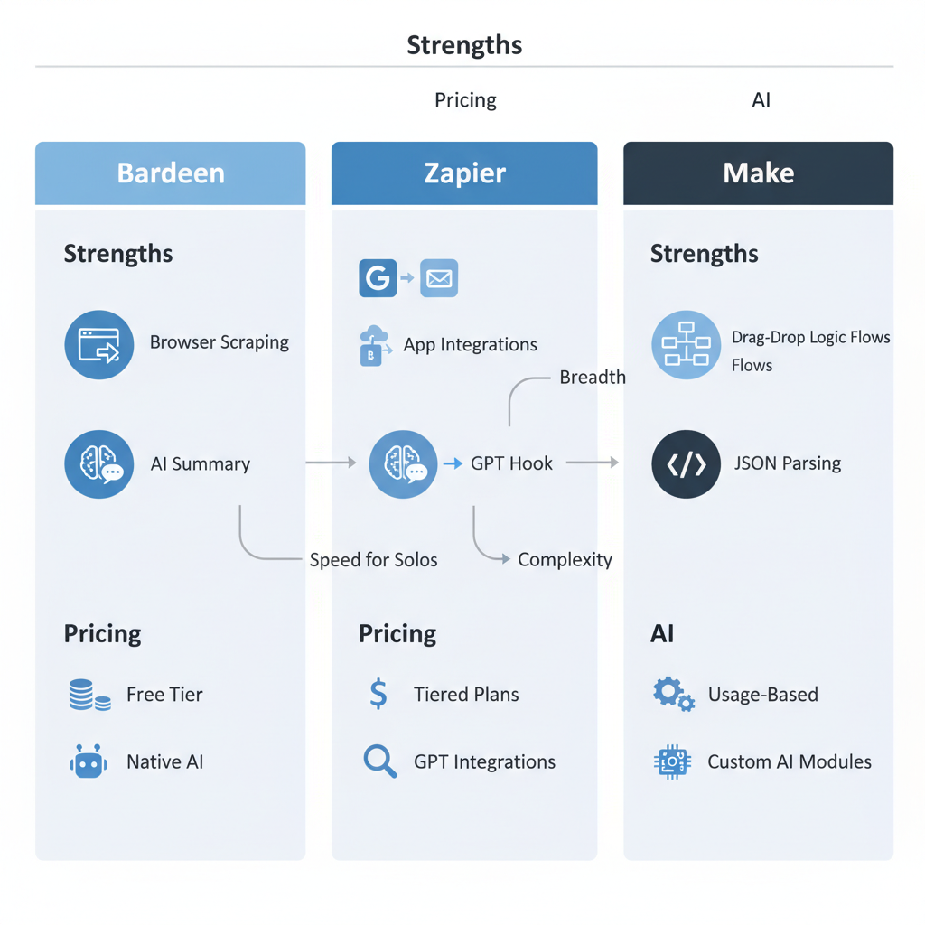 Side-by-side comparison diagram of Bardeen, Zapier, and Make automation tools highlighting strengths, pricing, and AI features.