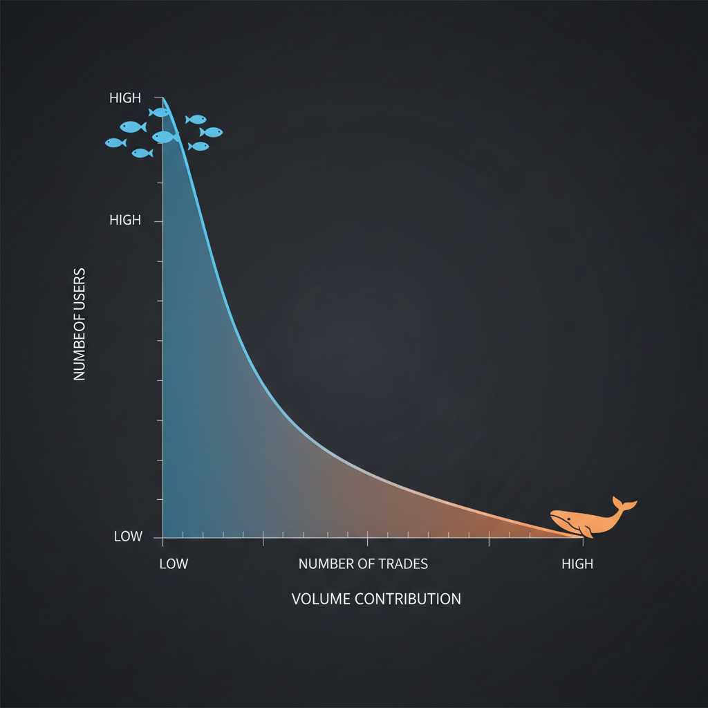 Diagram showing skewed distribution of user trade frequency: many users with few trades on the left, few high-frequency traders on the long tail right, with volume emphasis on the tail.