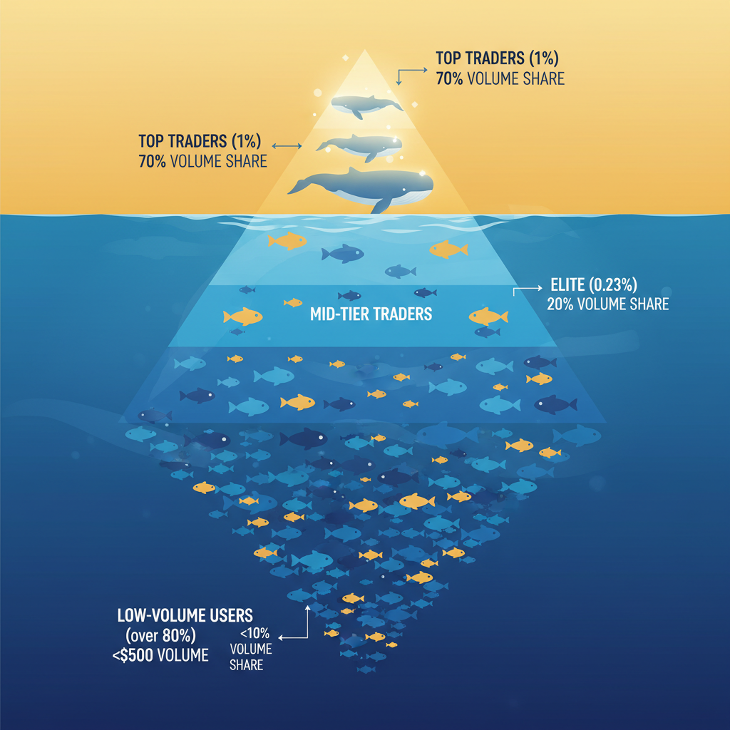 Iceberg illustration of Polymarket user segments: broad base of minnows (low volume), narrow top of whales driving most trading volume.